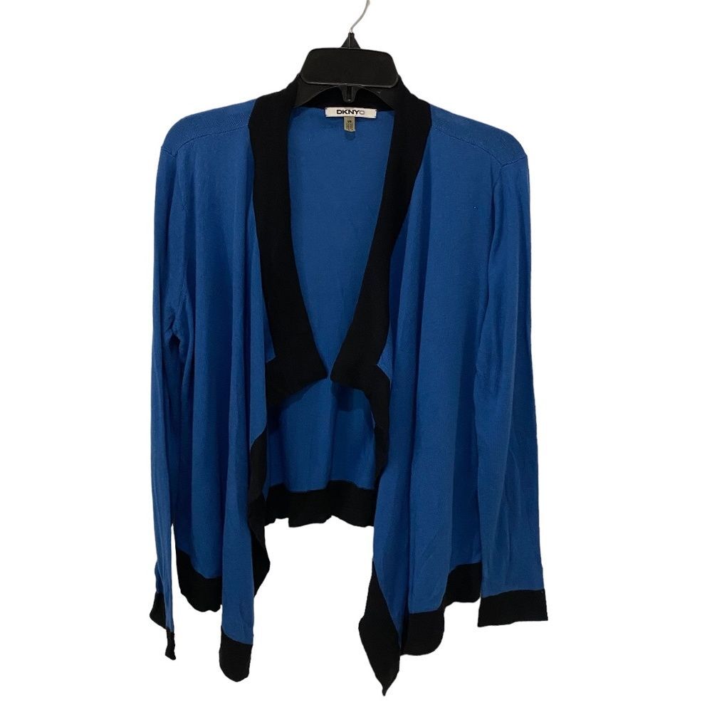 DKNYC Open Front Asymmetrical Cardigan Blue Black Drape Knit Women's S/M